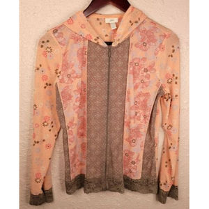 J.Jill Hooded Full Zip Lightweight Spring Sheer Peach Floral Brown Lace MP